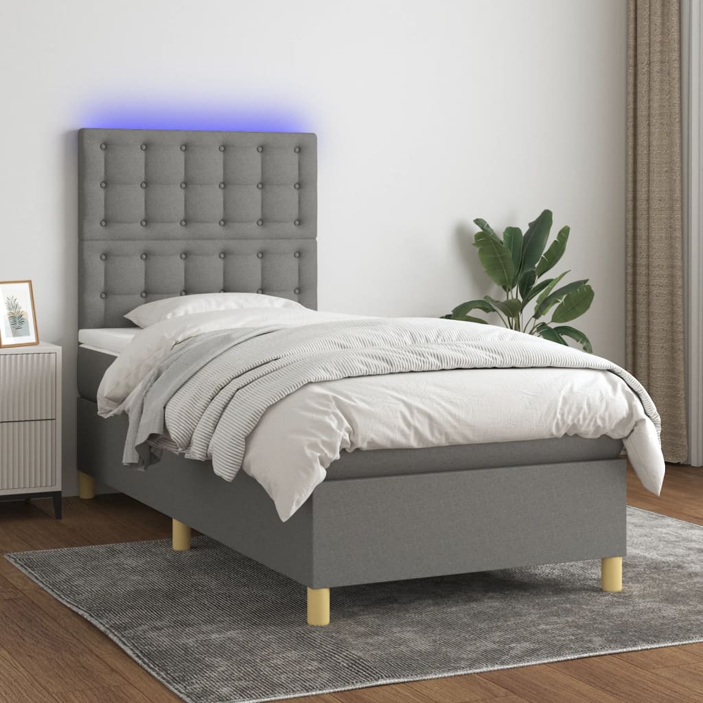 vidaXL Boxspringbett mit Matratze & LED Dunkelgrau 90x190 cm Stoff