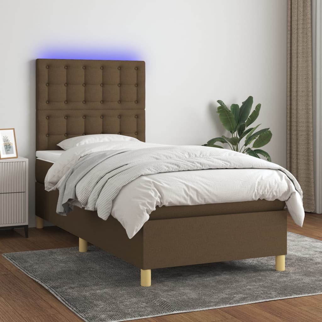 vidaXL Pat cu arcuri, saltea și LED, maro închis, 90x190 cm, textil