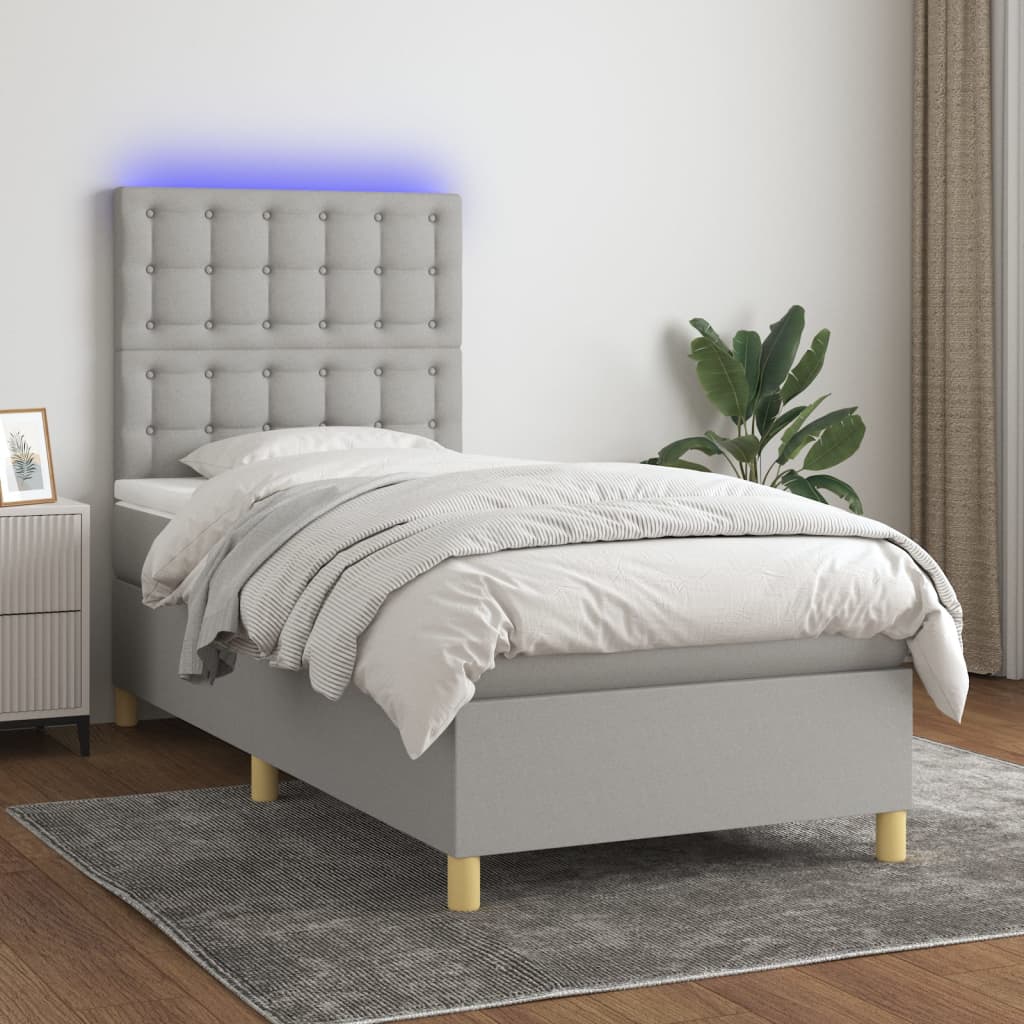 vidaXL Boxspringbett mit Matratze & LED Hellgrau 90x200 cm Stoff