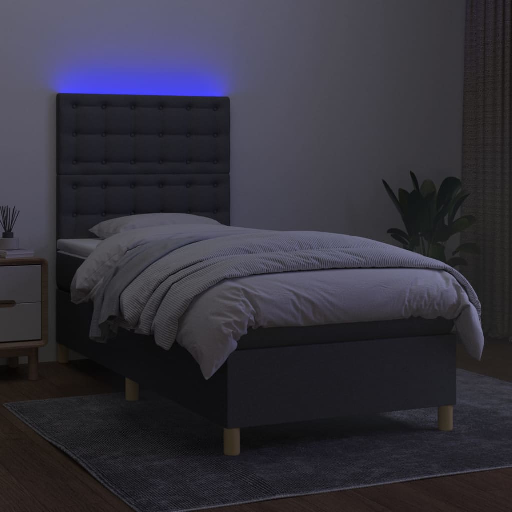 sötétszürke szövet rugós és LED-es ágy matraccal 100x200 cm