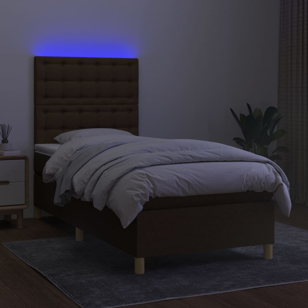 Box spring postelja z vzmetnico LED temno rjava 100x200cm blago