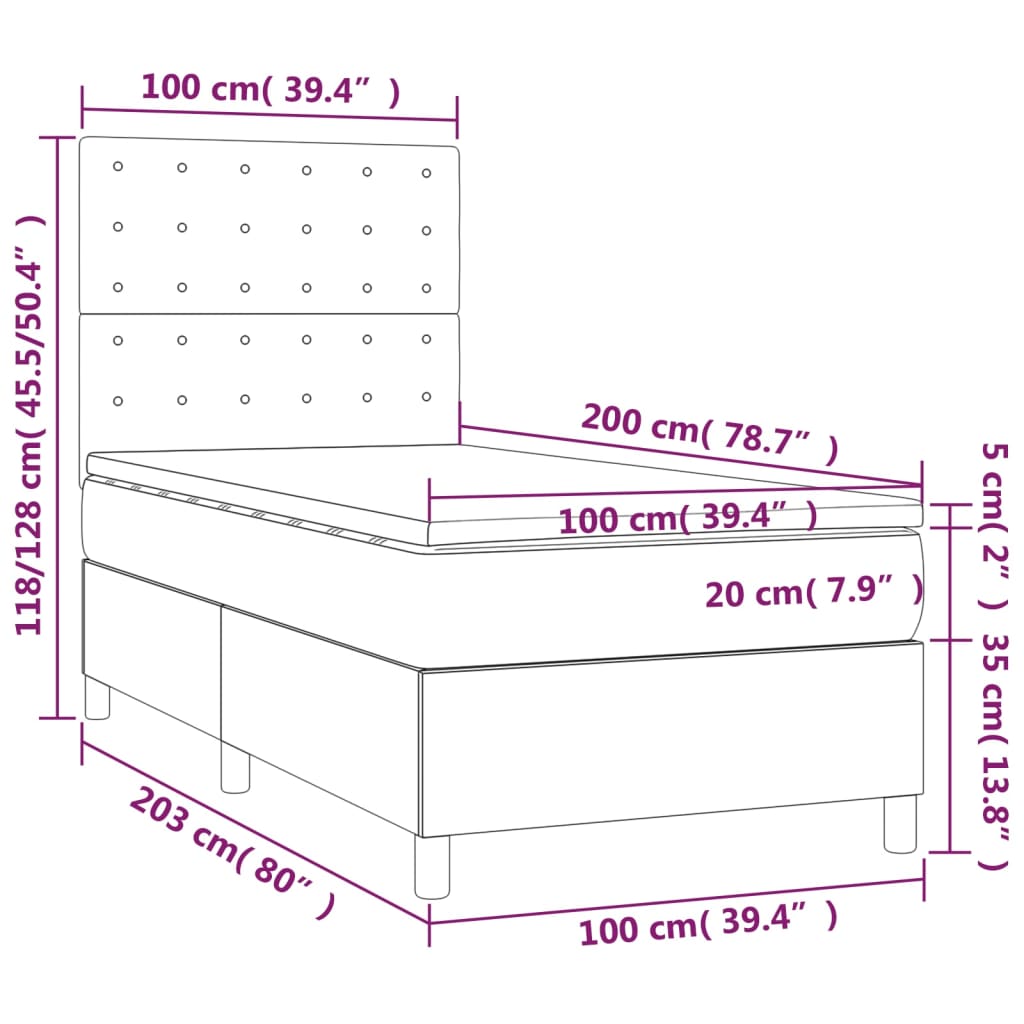 Box spring postel s matrací a LED tmavě hnědá 100x200 cm textil