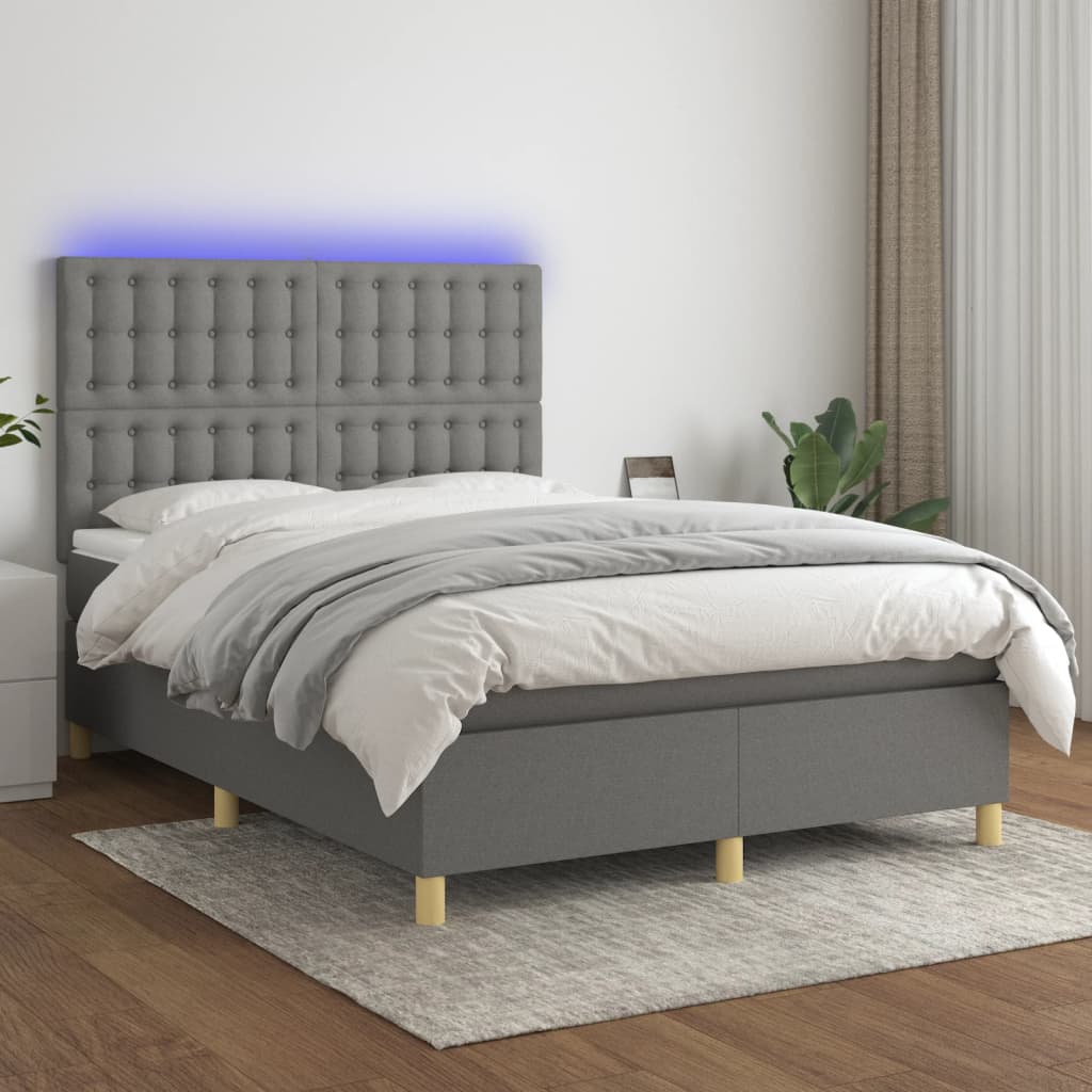 vidaXL Boxspringbett mit Matratze & LED Dunkelgrau 140x190 cm Stoff