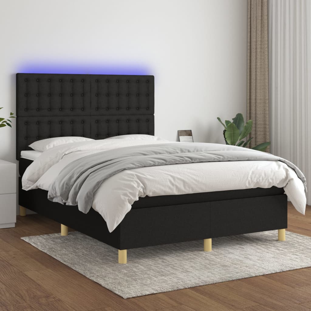 vidaXL Pat cu arcuri, saltea și LED, negru, 140×190 cm, textil