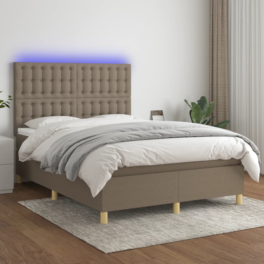 vidaXL Boxspringbett mit Matratze & LED Taupe 140x190 cm Stoff