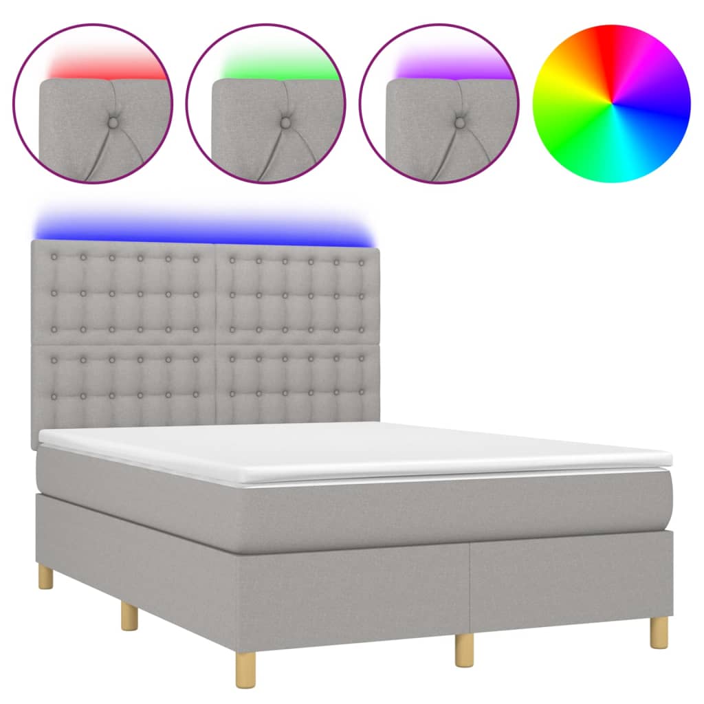 Box spring postel s matrací a LED světle šedá 140x200 cm textil