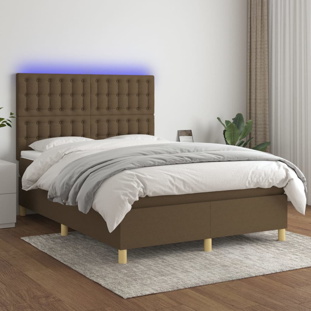 Barna szövet rugós és LED-es ágy matraccal 140x200 cm 