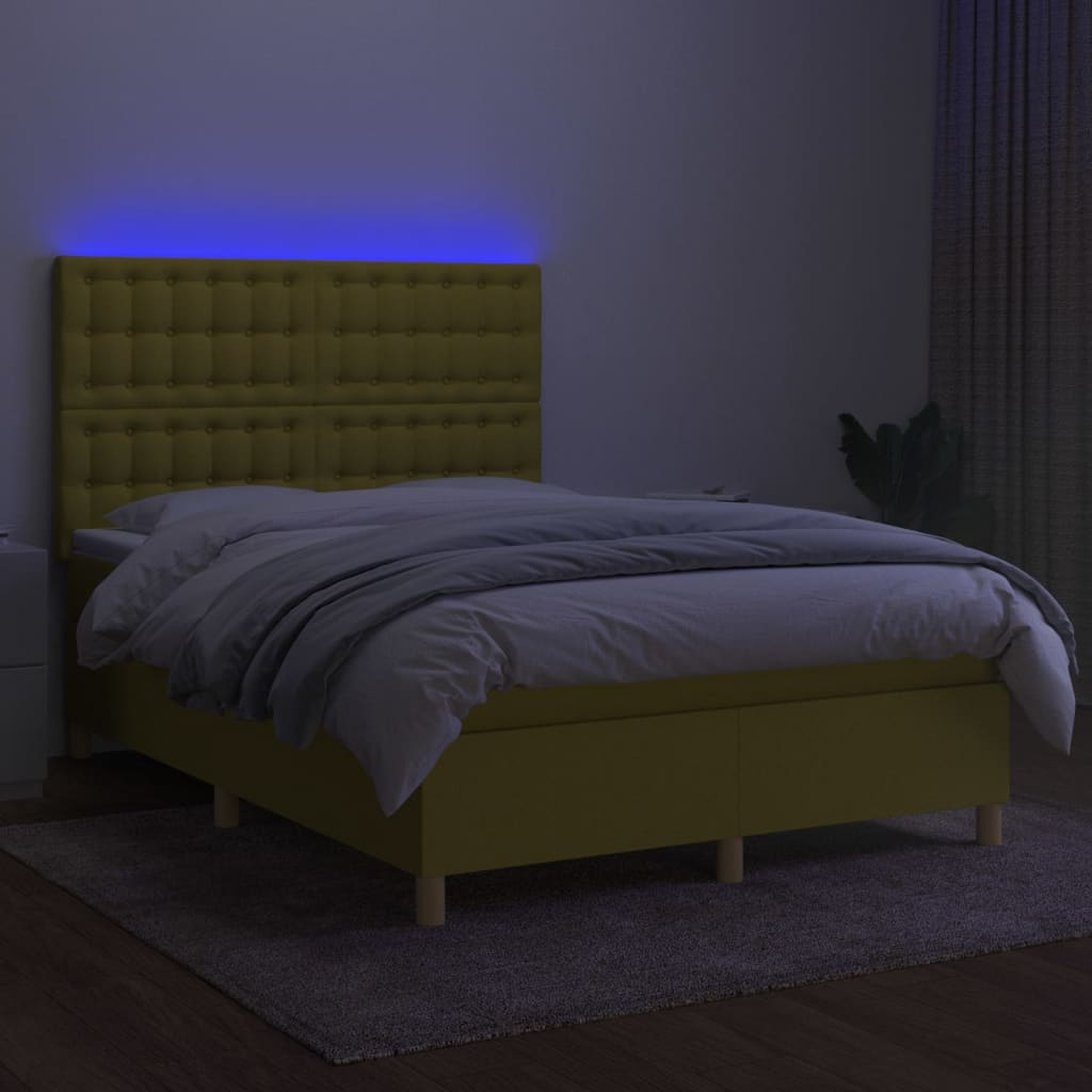 Zöld szövet rugós és LED-es ágy matraccal 140x200 cm 