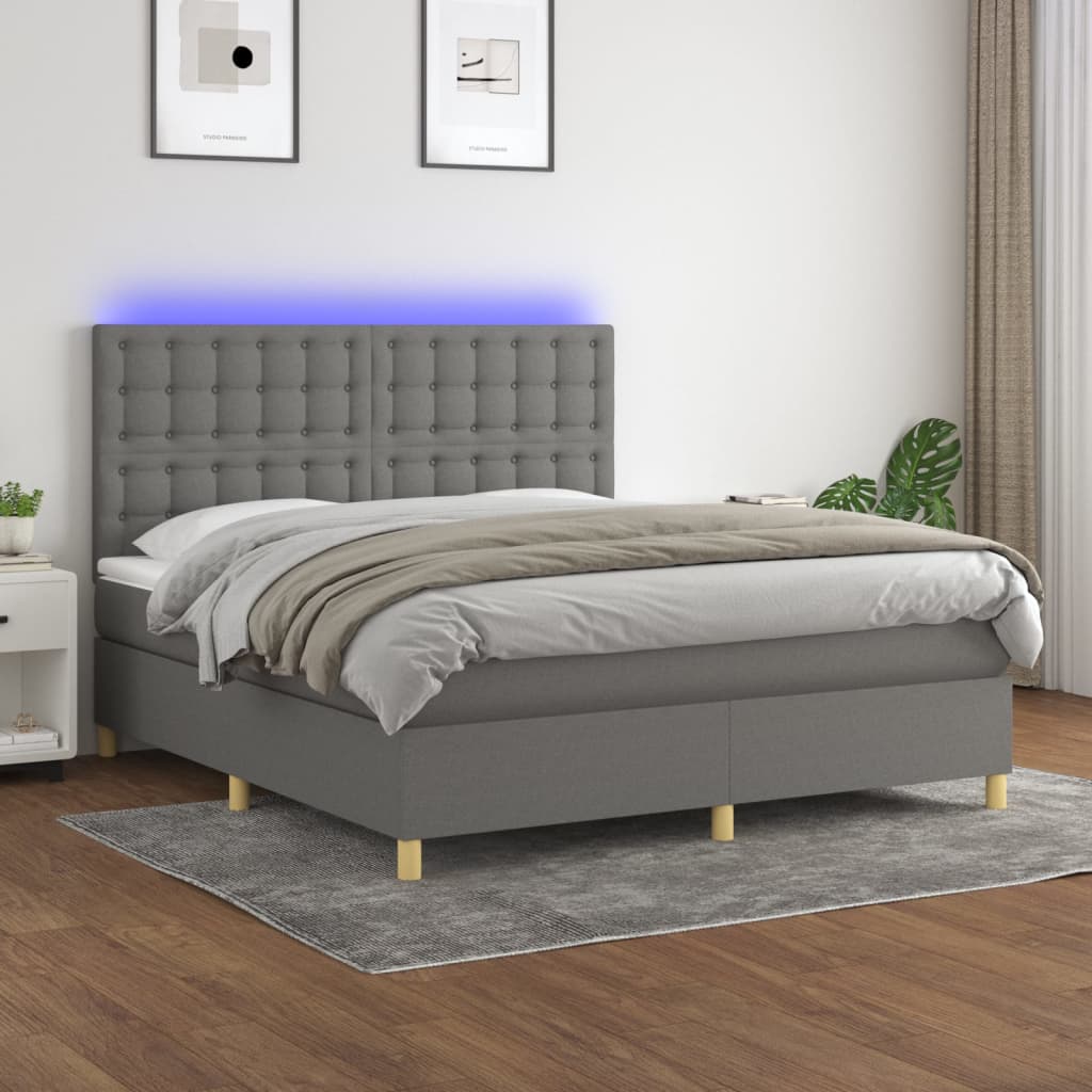 Sötétszürke szövet rugós és LED-es ágy matraccal 160x200 cm 