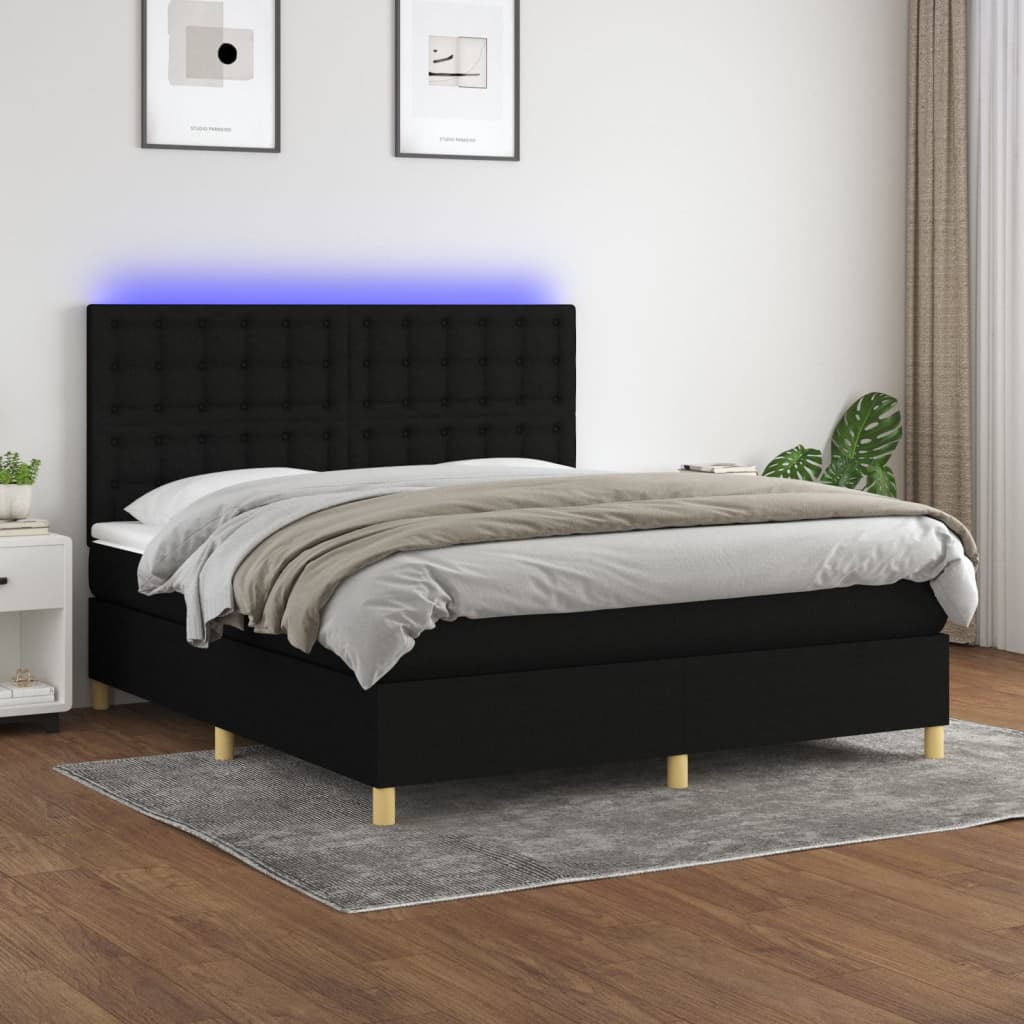 Fekete szövet rugós és LED-es ágy matraccal 160x200 cm 