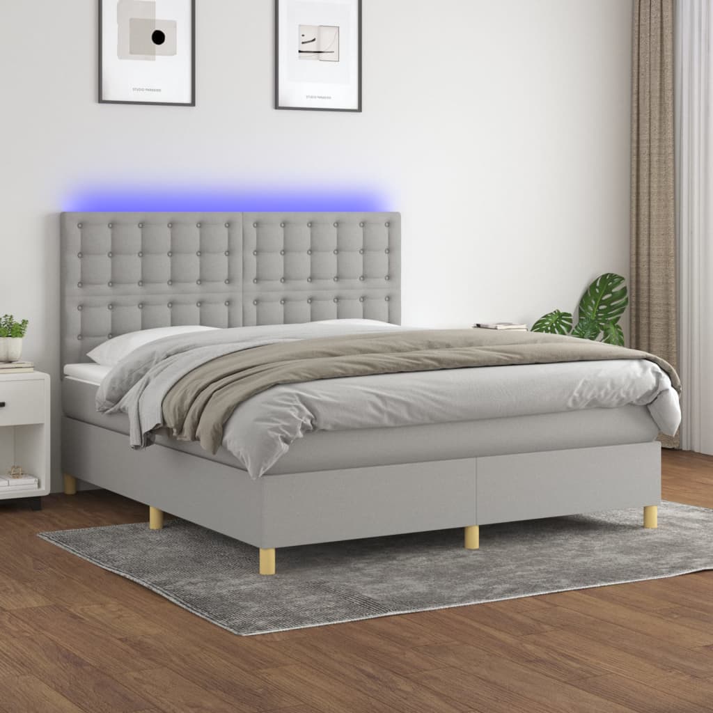 Világosszürke szövet rugós és LED-es ágy matraccal 160x200 cm 