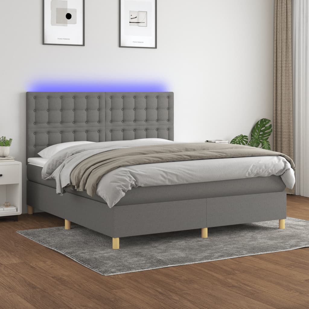 Sötétszürke szövet rugós és LED-es ágy matraccal 180 x 200 cm 