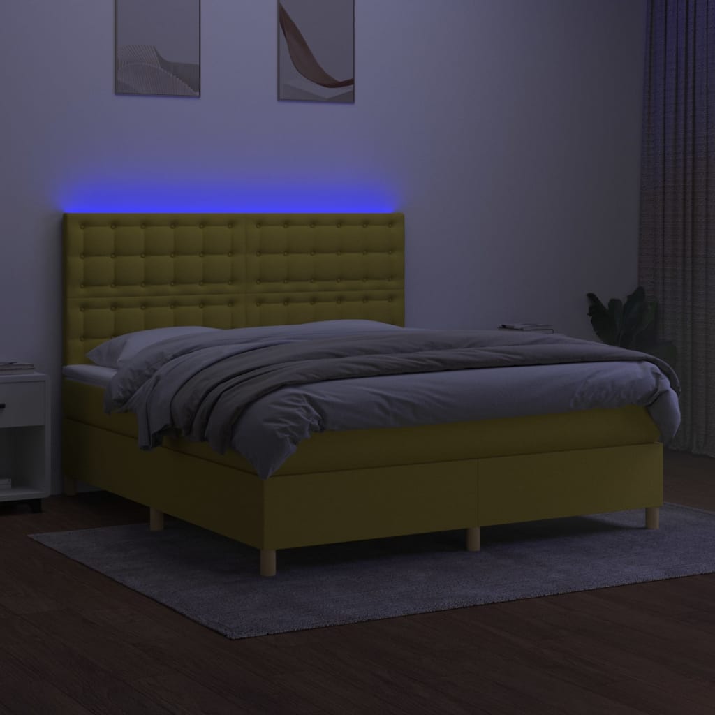 Zöld szövet rugós és LED-es ágy matraccal 180 x 200 cm 