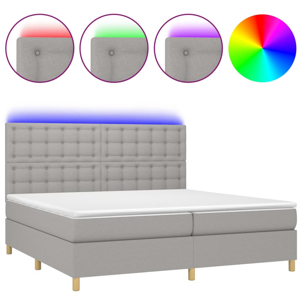 E-shop vidaXL Posteľ boxsping s matracom a LED bledosivá 200x200 cm látka