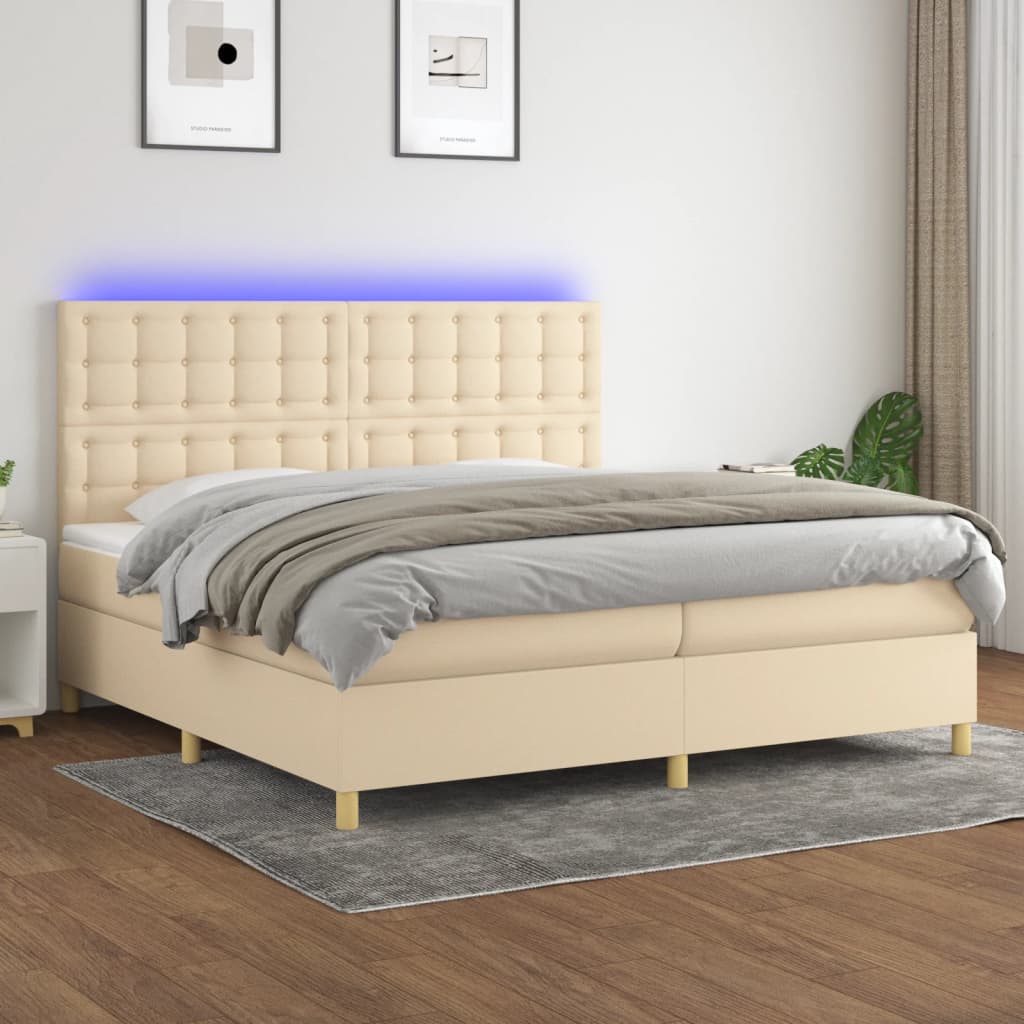 Box spring postel s matrací a LED krémová 200x200 cm textil
