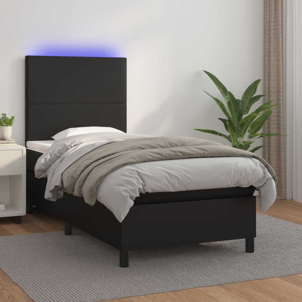 Box spring postel s matrací a LED černá 90x190 cm umělá kůže