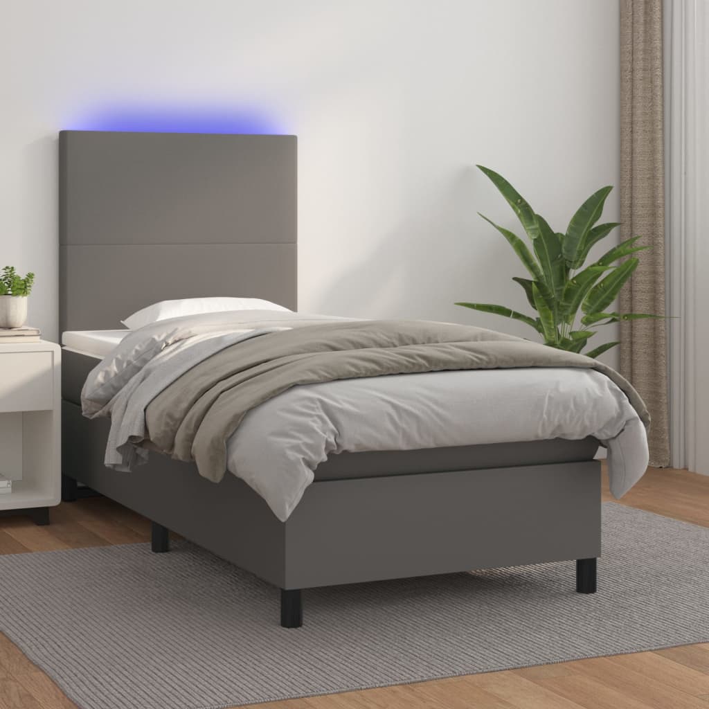 Box spring postel s matrací a LED šedá 90x190 cm umělá kůže