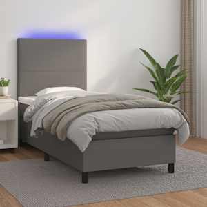 Box spring postelja z vzmetnico LED siv 90x190 cm umetno usnje