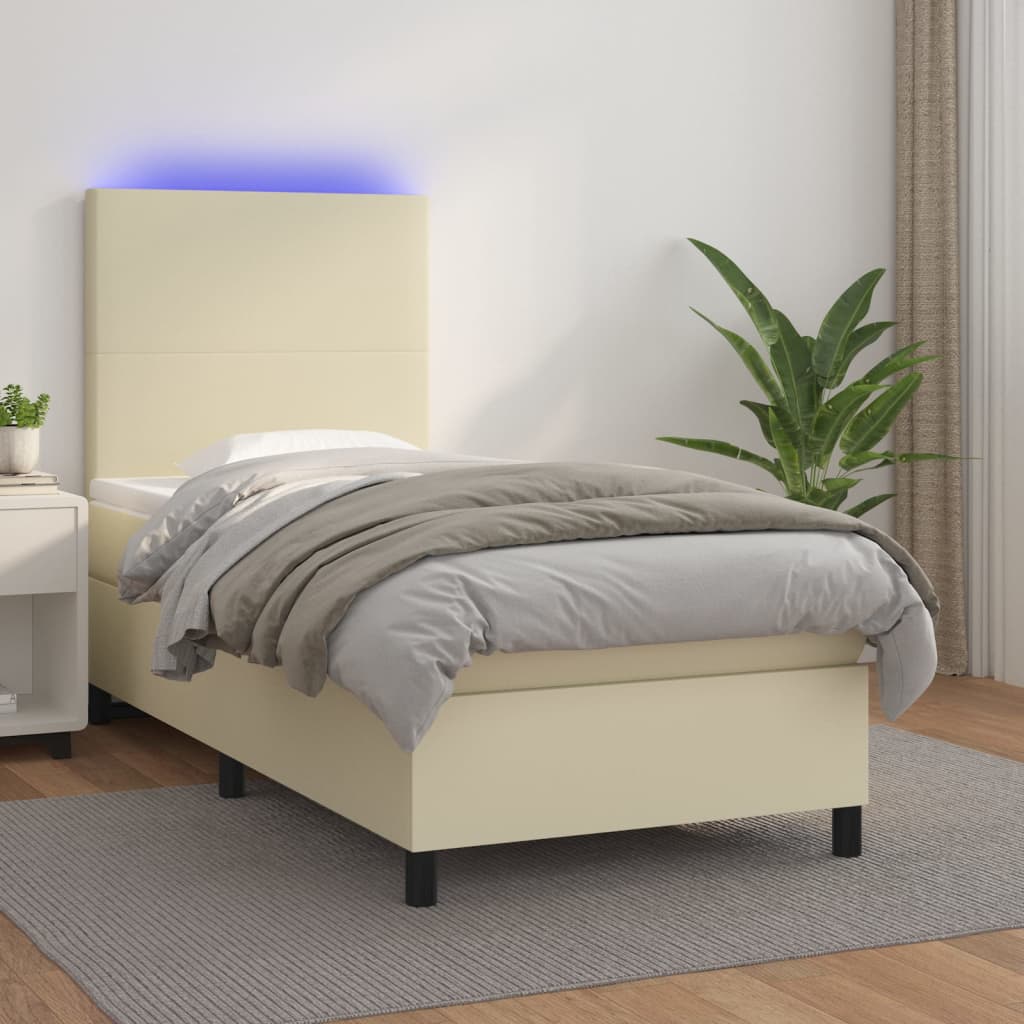 vidaXL Pat cu arcuri, saltea și LED, crem, 90x200 cm, piele ecologică