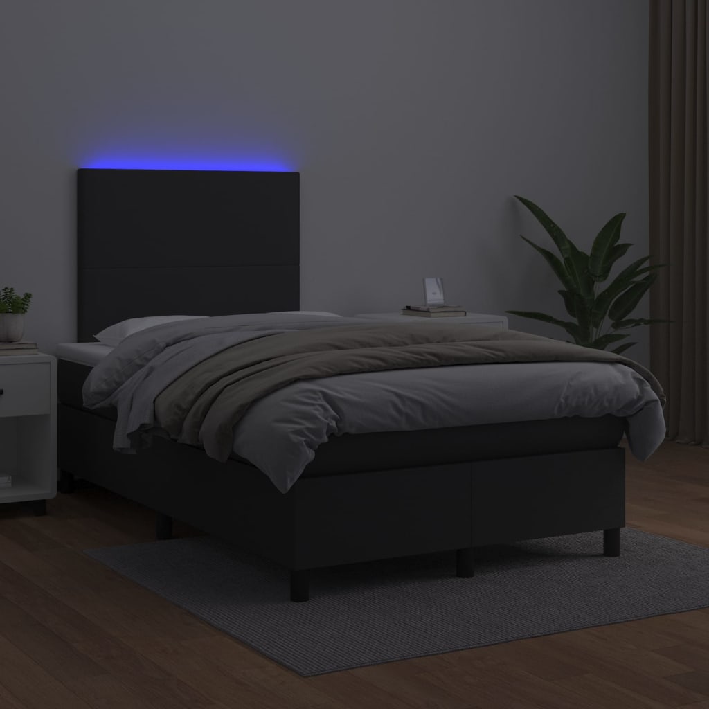 Box spring postelja z vzmetnico LED črna 120x200cm umetno usnje