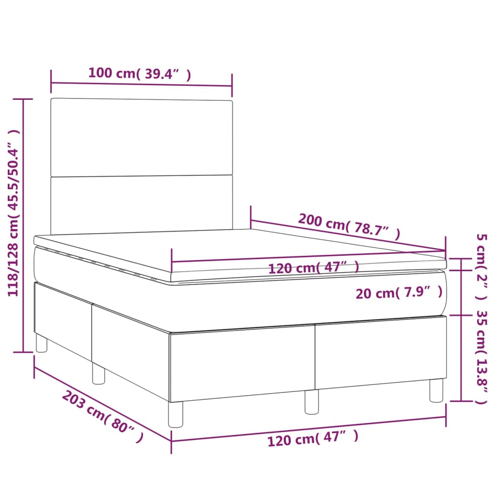 Pat cu arcuri, saltea și LED, alb, 120x200 cm, piele ecologică