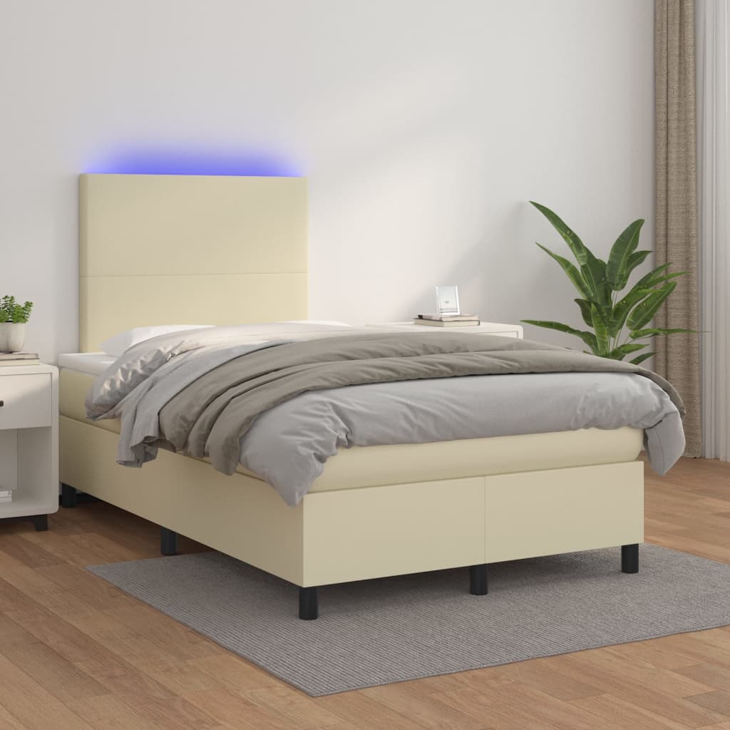 Box spring postel s matrací a LED krémová 120x200 cm umělá kůže