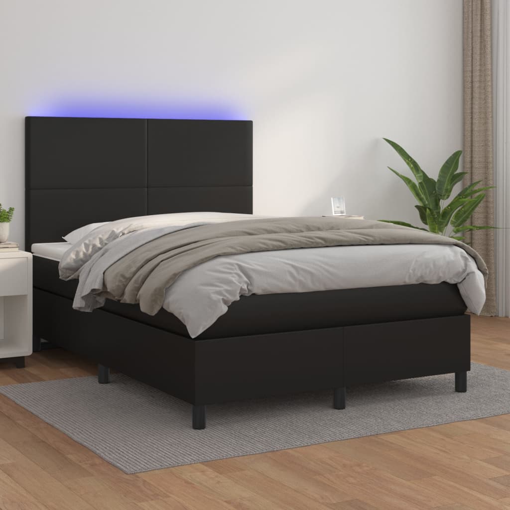 vidaXL Pat continental cu saltea & LED, negru, 140x190 cm, piele eco