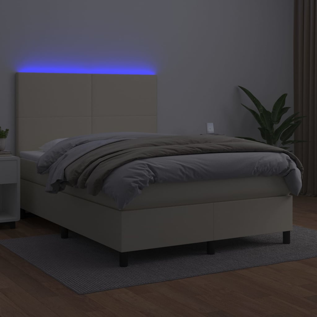 vidaXL Boxspring met matras en LED kunstleer crèmekleurig 140x190 cm, foto 2