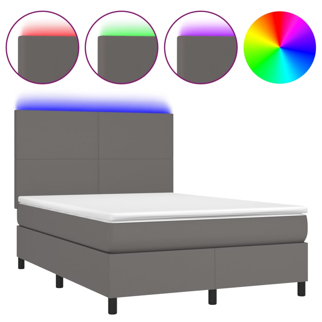 VidaXL Box Spring Postel S Matrací A LED šedá 140x190 Cm Umělá Kůže