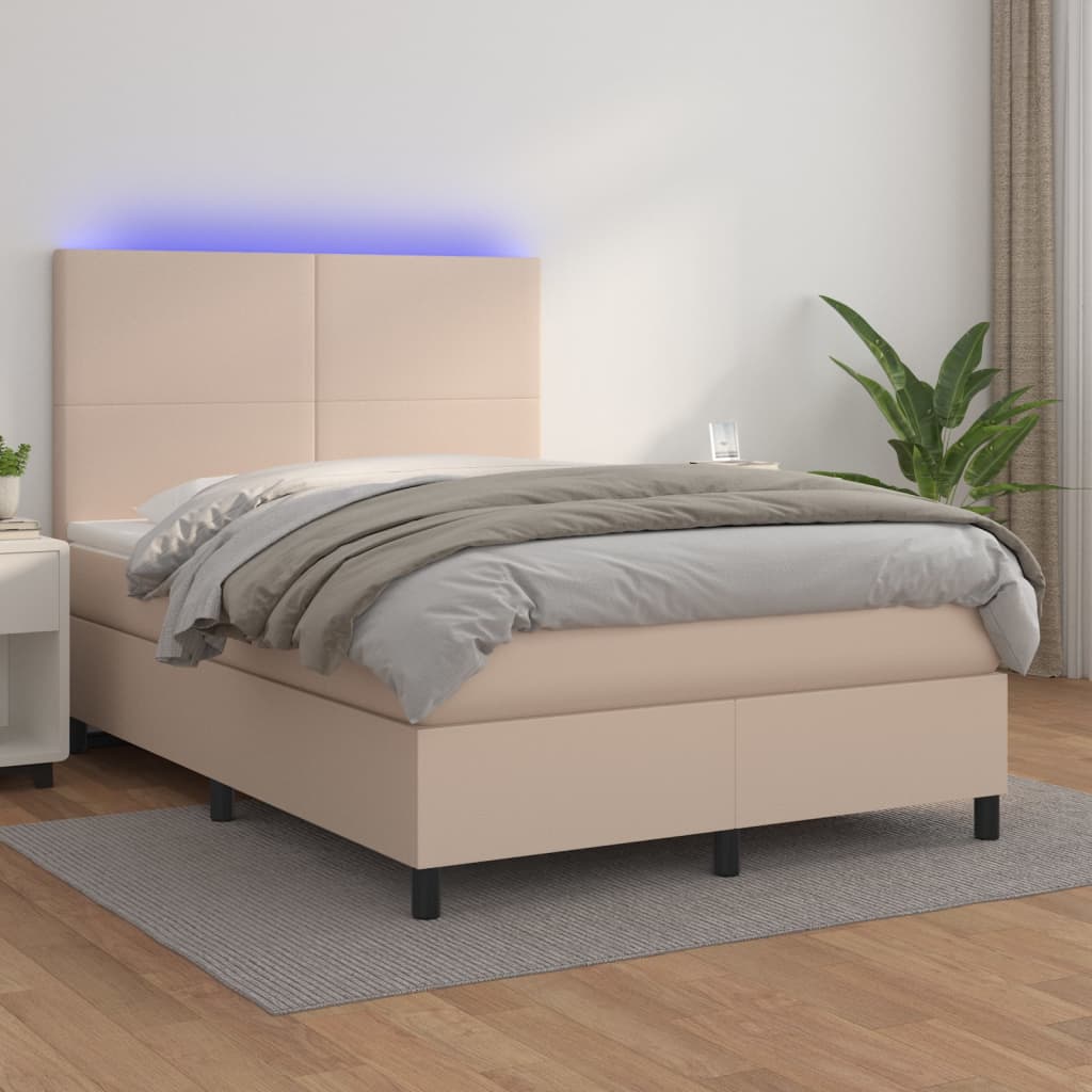Box spring postel matrace a LED cappuccino 140x190cm umělá kůže