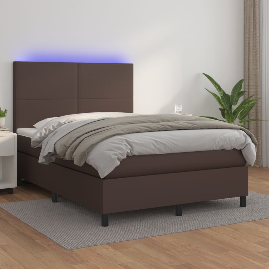 Box spring postel s matrací a LED hnědá 140x200 cm umělá kůže