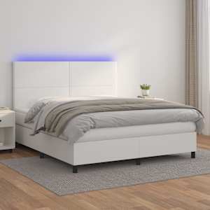 Box spring postelja z vzmetnico LED bela 160x200cm umetno usnje
