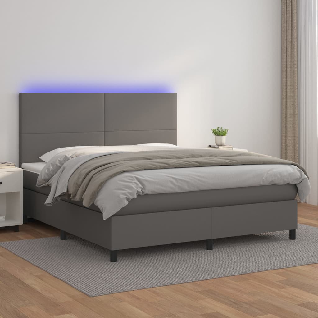 vidaXL Pat cu arcuri, saltea și LED, gri, 160x200 cm, piele ecologică