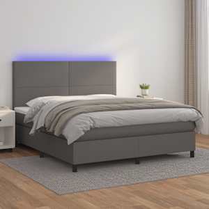 Box spring postelja z vzmetnico LED siva 160x200cm umetno usnje