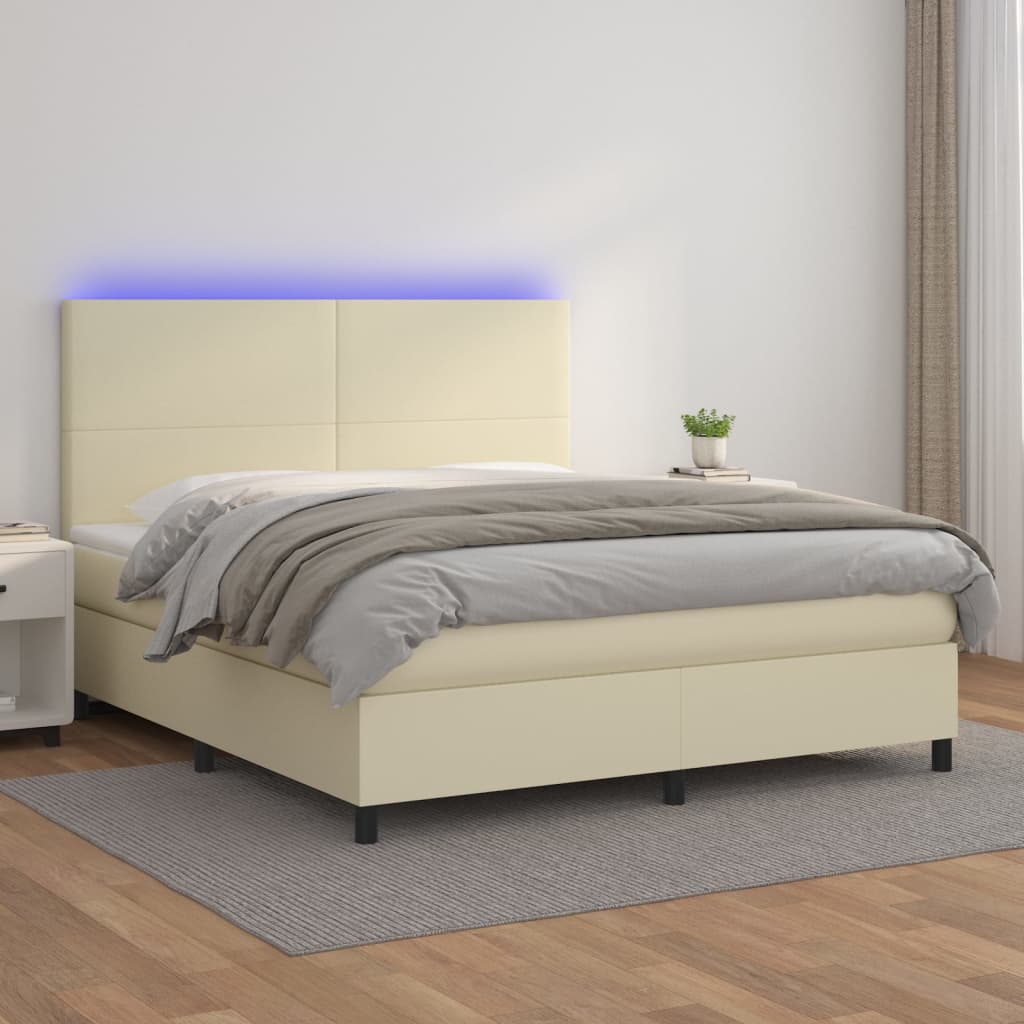 vidaXL Pat cu arcuri, saltea și LED, crem, 180x200 cm, piele ecologică