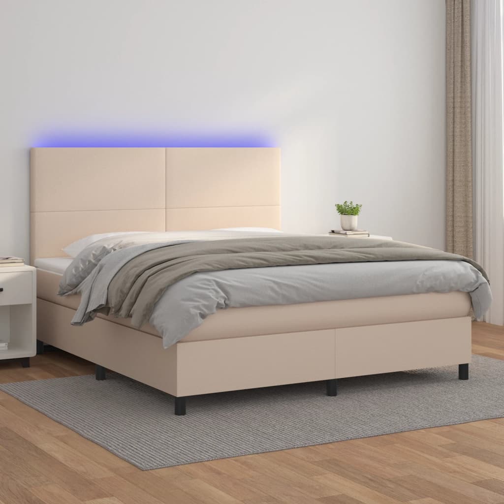 vidaXL Pat cu arcuri, cu saltea și LED cappuccino 180x200 cm piele eco