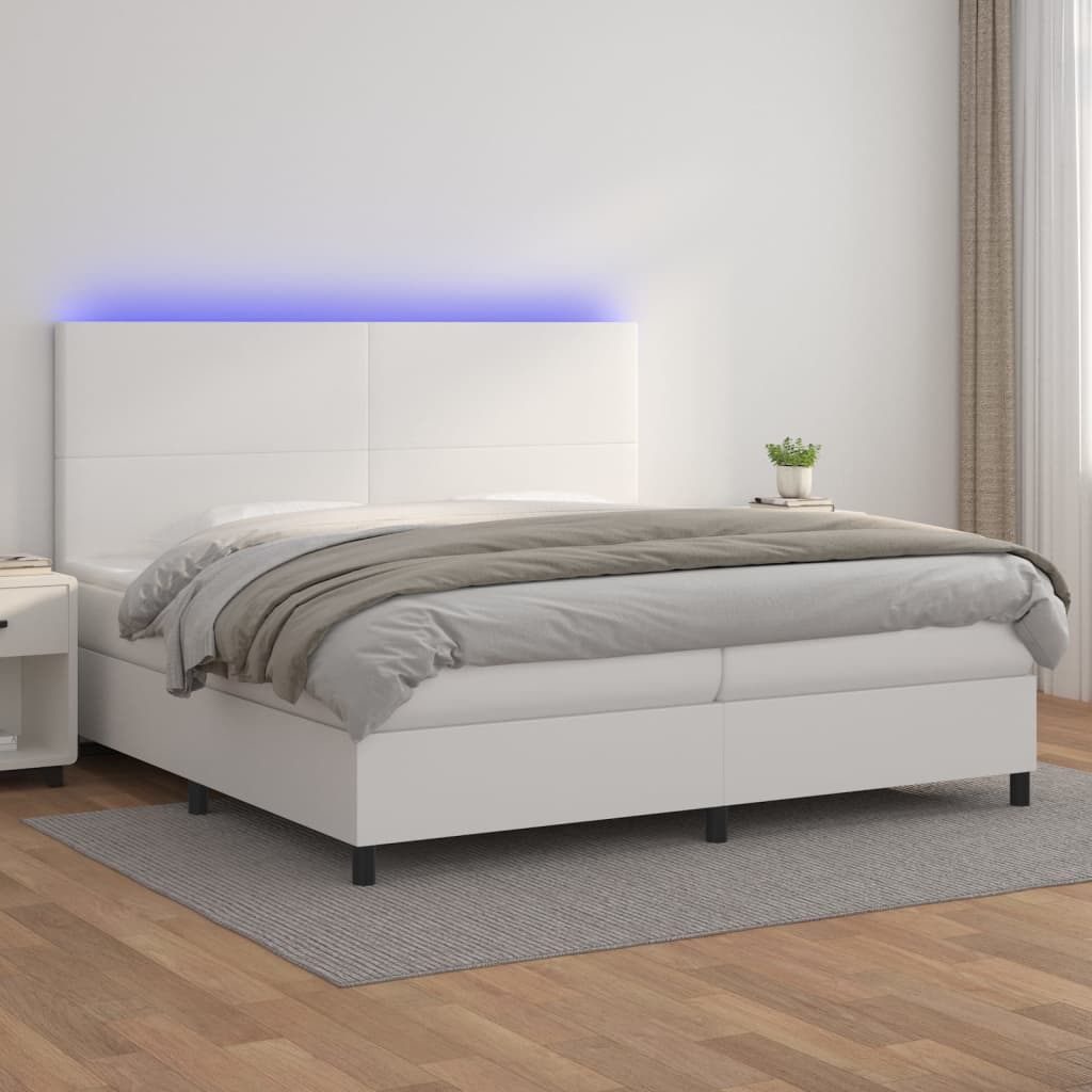 Sommier tapissier et matelas et LED Blanc 200x200 cm Similicuir