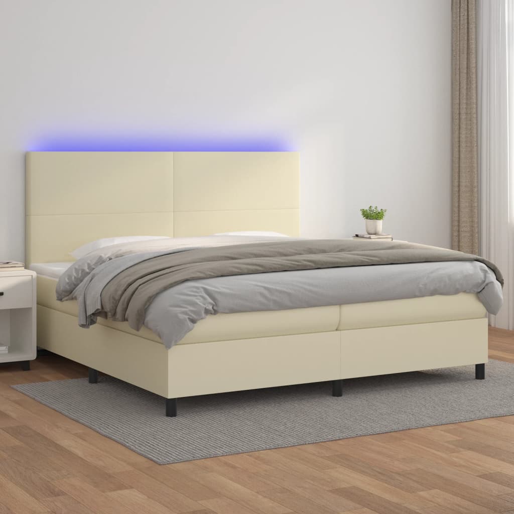 vidaXL Pat cu arcuri, saltea și LED, crem, 200x200 cm, piele ecologică