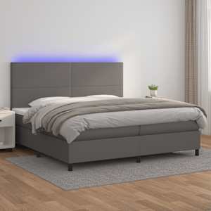 Box spring postelja z vzmetnico LED siva 200x200cm umetno usnje