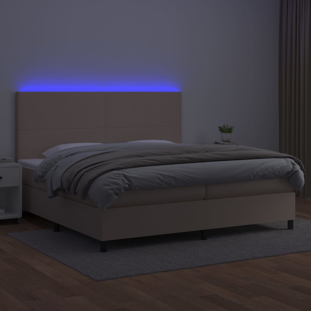 Box spring postel matrace a LED cappuccino 200x200cm umělá kůže