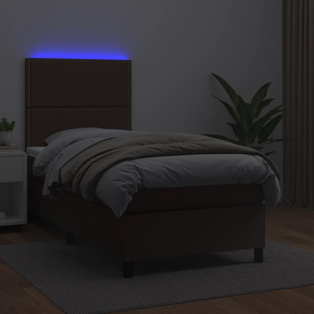 Боксспринг легло с матрак LED кафяво 80x200 см изкуствена кожа