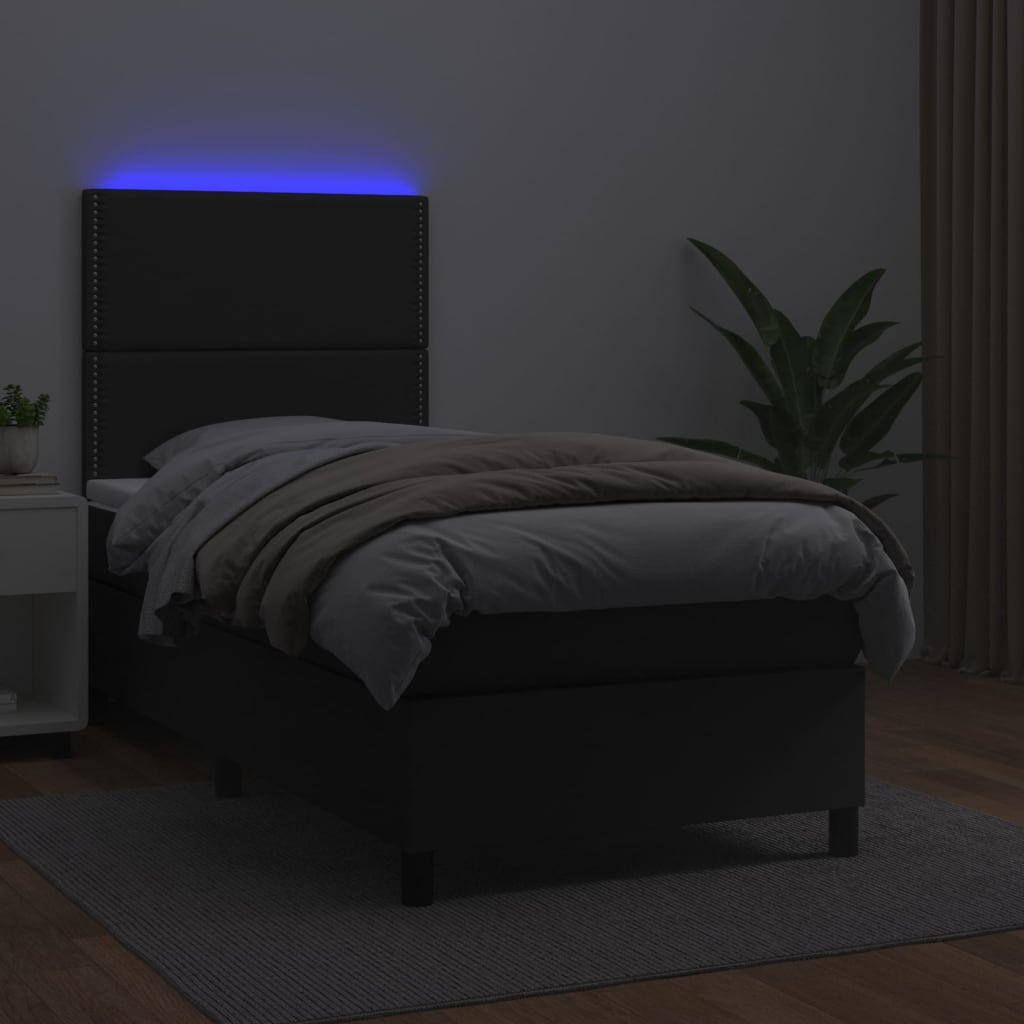 fekete műbőr rugós ágy matraccal és LED-del 90x200 cm