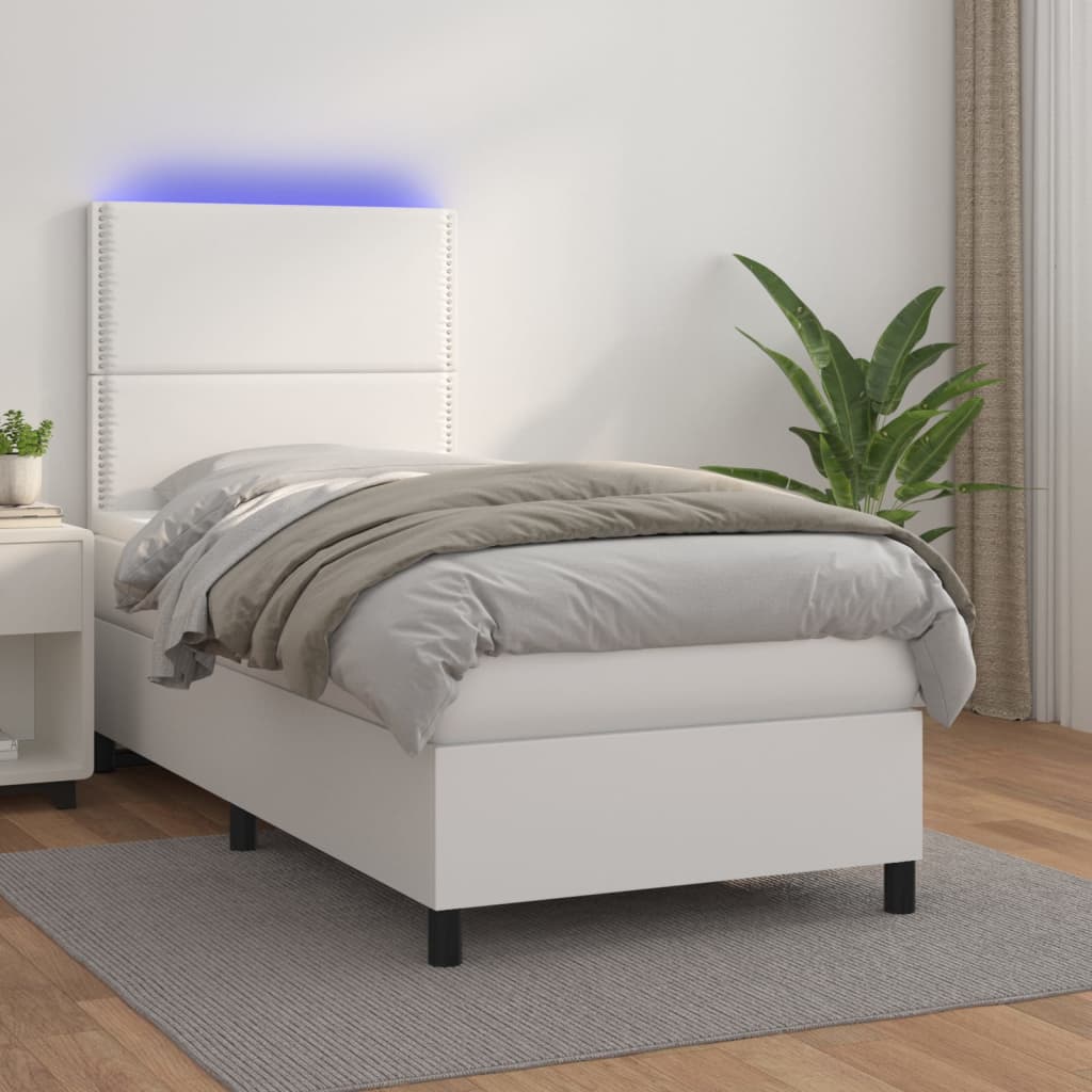 fehér műbőr rugós ágy matraccal és LED-del 90x200 cm