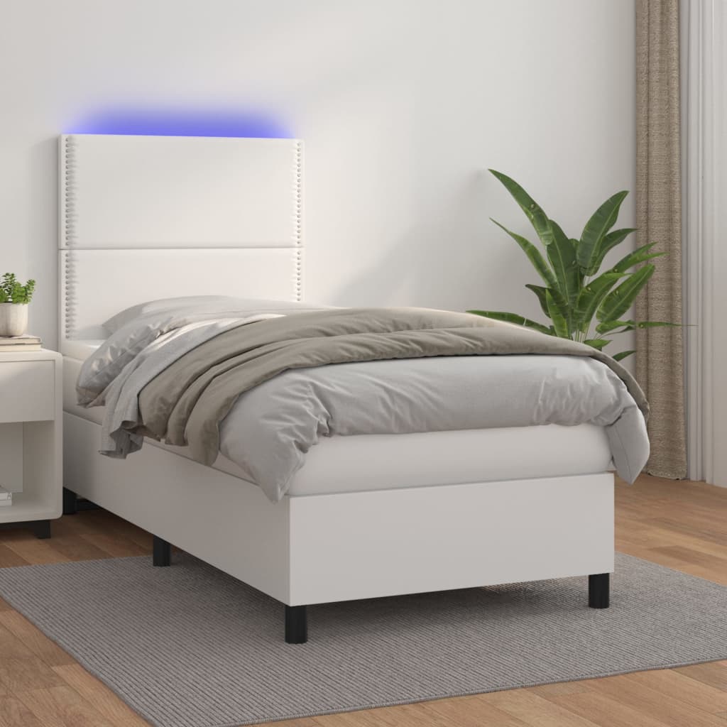 Sommier tapissier et matelas et LED Blanc 100x200 cm Similicuir
