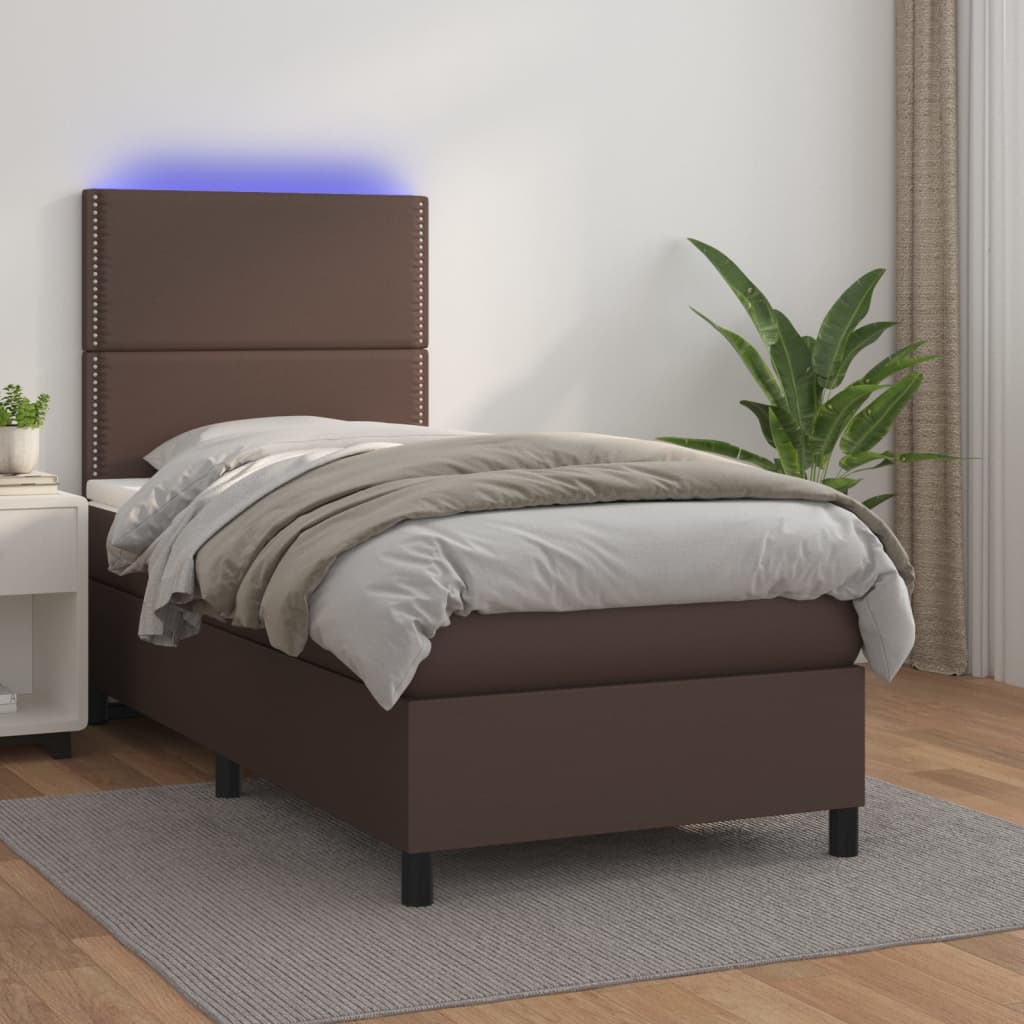 Sommier tapissier et matelas et LED Marron 100x200cm Similicuir