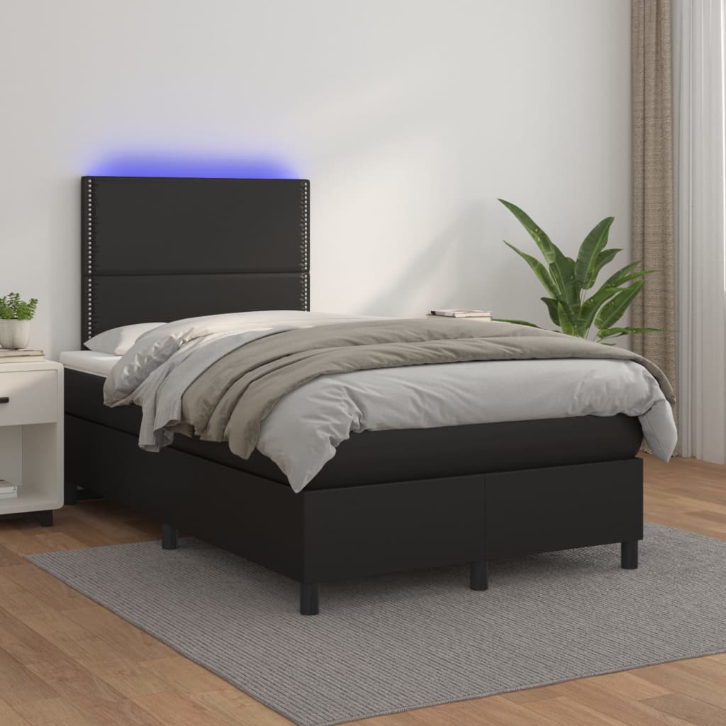 vidaXL Pat cu arcuri, saltea și LED, negru, 120x200cm, piele ecologică (si imagine noua
