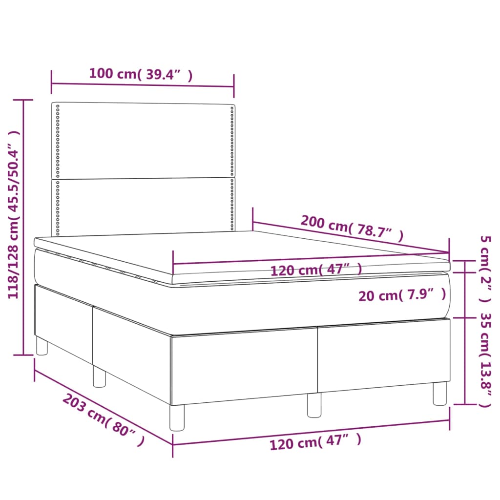 Pat cu arcuri, saltea și LED, alb, 120x200 cm, piele ecologică