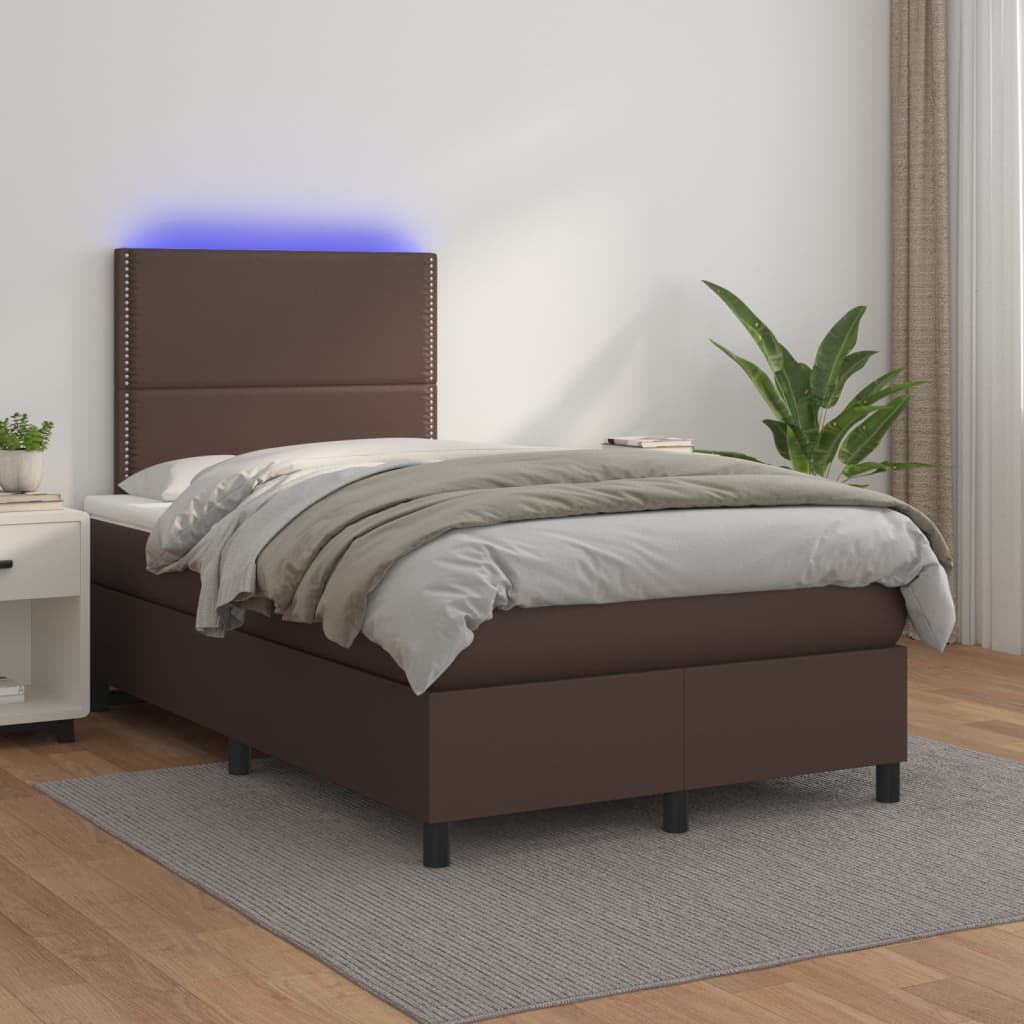 Sommier tapissier matelas et LED Marron 120x200 cm Similicuir