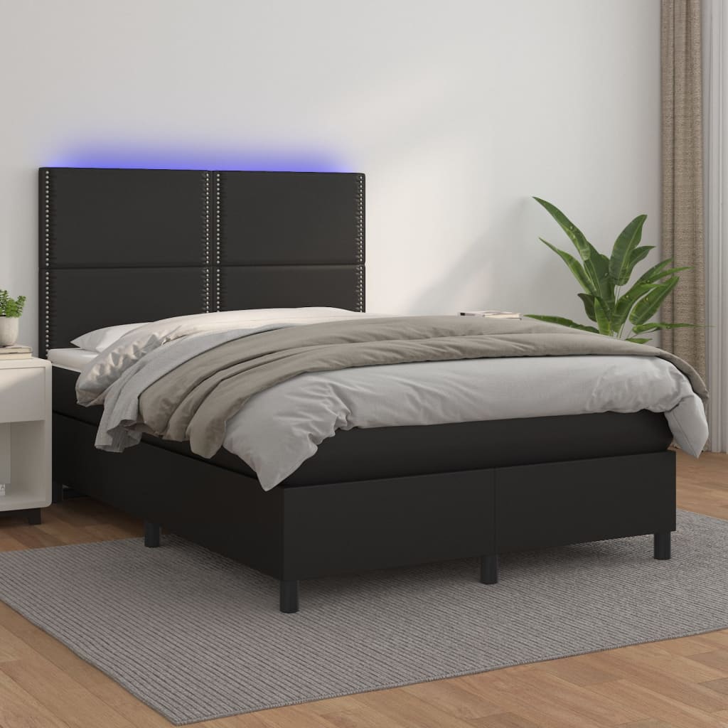 vidaXL Pat box spring cu saltea, negru, 140x190 cm, piele ecologică