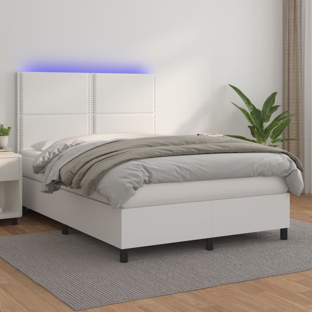 Box spring postel s matrací a LED bílá 140x190 cm umělá kůže